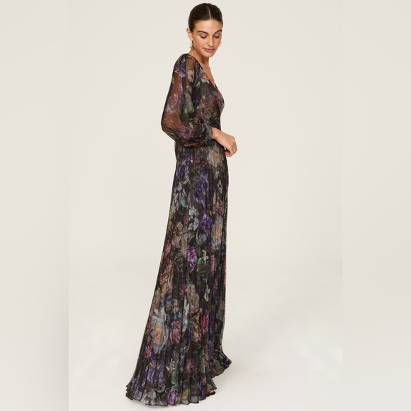 $895 Marchesa Notte Metallic Floral Pleated Gown maxi black RTR Flowy blue red - Picture 3 of 8